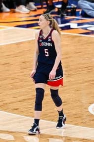 Paige Bueckers #5 of the Connecticut Huskies looks on during the 2025 NCAA Women's Basketball Tournament Championship game at Amalie Arena on April 6, 2025 in Tampa, Florida. (Photo by Thien-An Truong/ISI Photos/Getty Images)